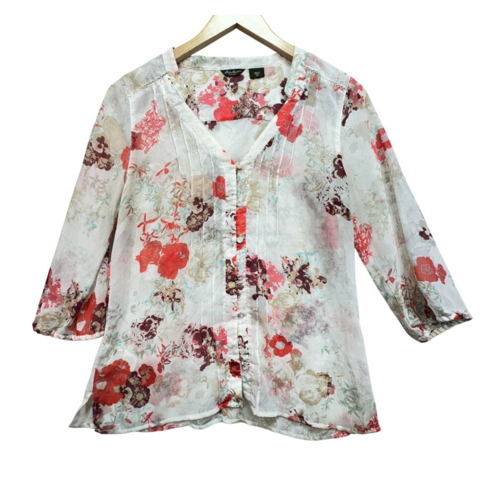 Eddie Bauer Womens Floral Button-Up Blouse Top Size MP Multicolor Sheer Boho